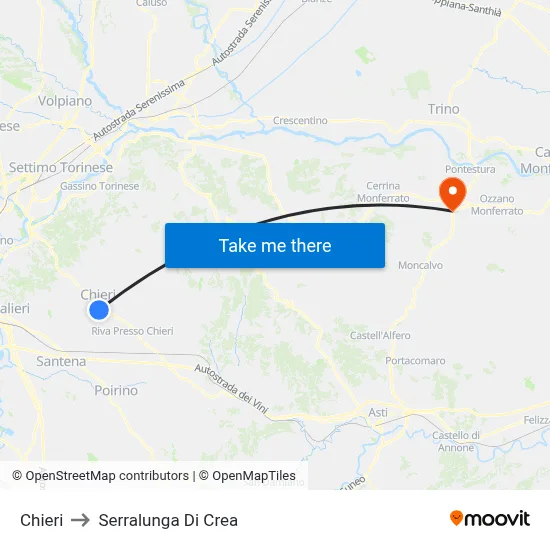Chieri to Serralunga Di Crea map