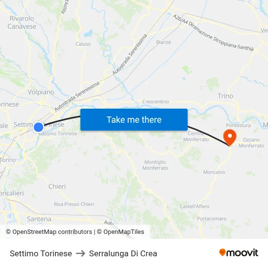 Settimo Torinese to Serralunga Di Crea map