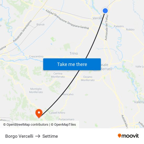 Borgo Vercelli to Settime map