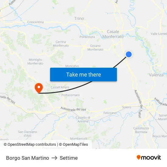 Borgo San Martino to Settime map