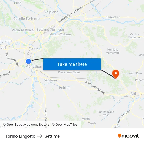 Turin Lingotto to Settime map
