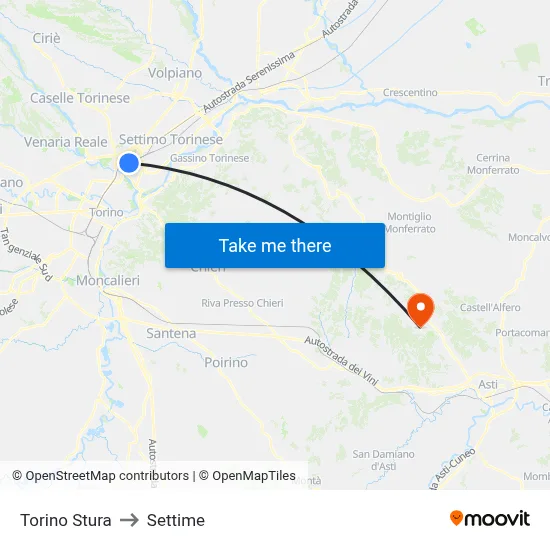 Turin Stura to Settime map