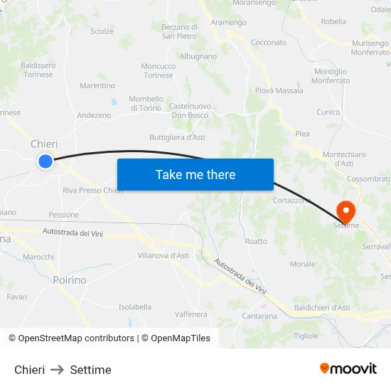 Chieri to Settime map