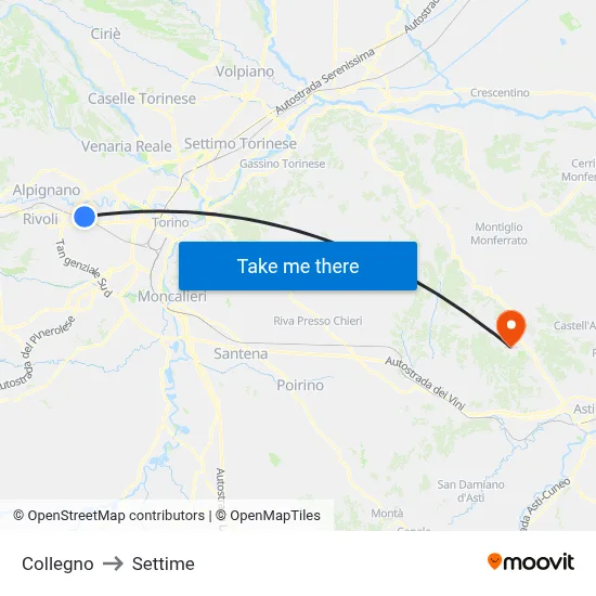 Collegno to Settime map