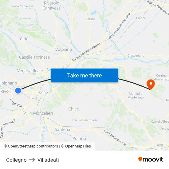 Collegno to Villadeati map
