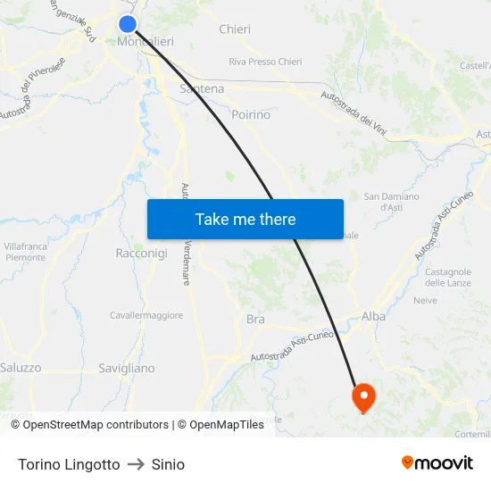 Turin Lingotto to Sinio map