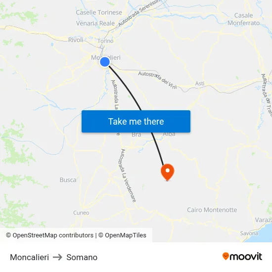 Moncalieri to Somano map
