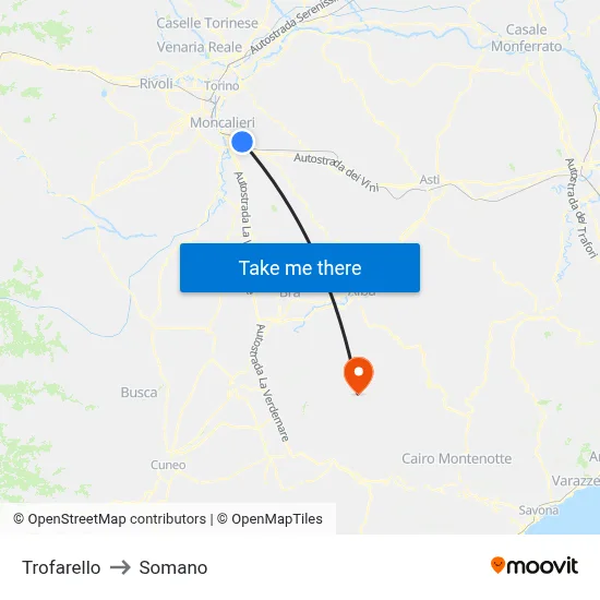 Trofarello to Somano map