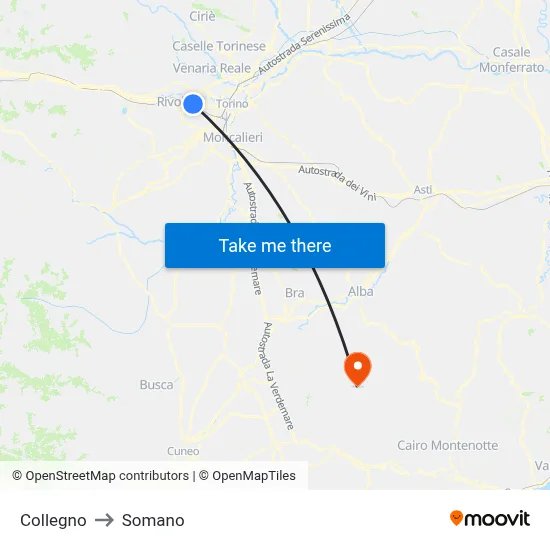 Collegno to Somano map