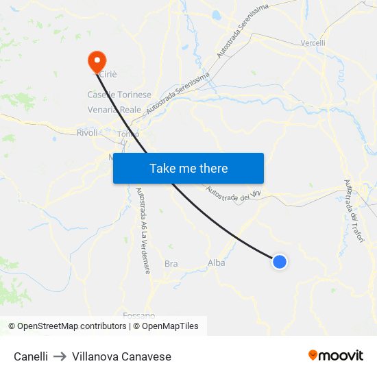 Canelli to Villanova Canavese map