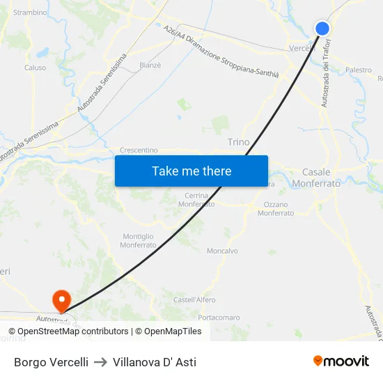 Borgo Vercelli to Villanova D' Asti map