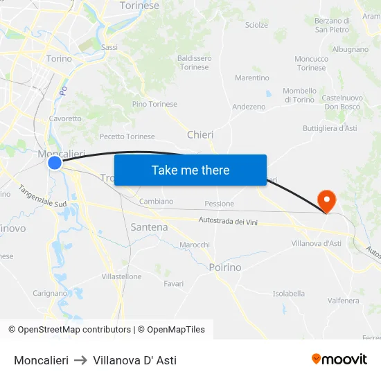 Moncalieri to Villanova D' Asti map