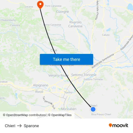 Chieri to Sparone map