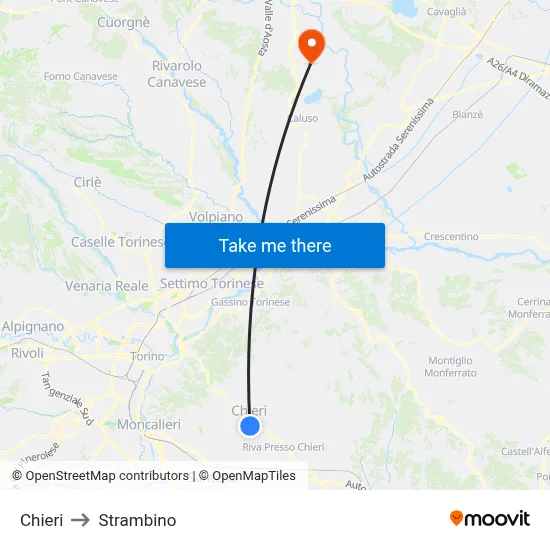 Chieri to Strambino map