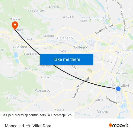 Moncalieri to Villar Dora map