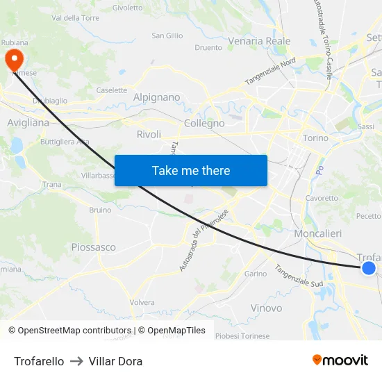 Trofarello to Villar Dora map