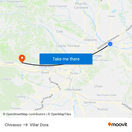 Chivasso to Villar Dora map