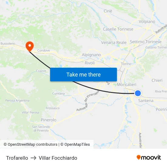 Trofarello to Villar Focchiardo map