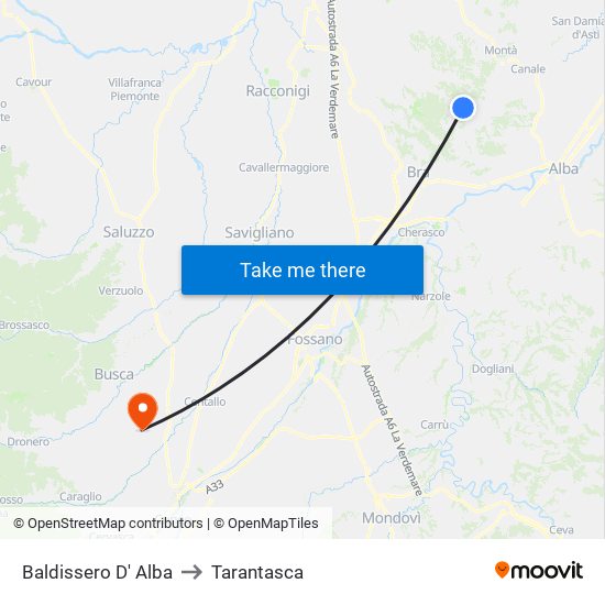 Baldissero D' Alba to Tarantasca map