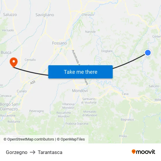 Gorzegno to Tarantasca map