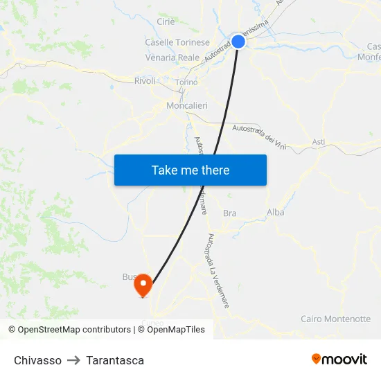Chivasso to Tarantasca map