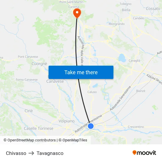 Chivasso to Tavagnasco map