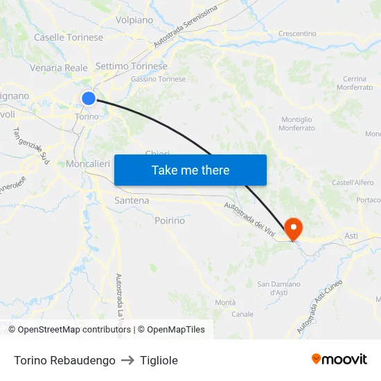 Turin Rebaudengo to Tigliole map
