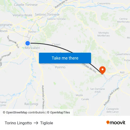 Turin Lingotto to Tigliole map