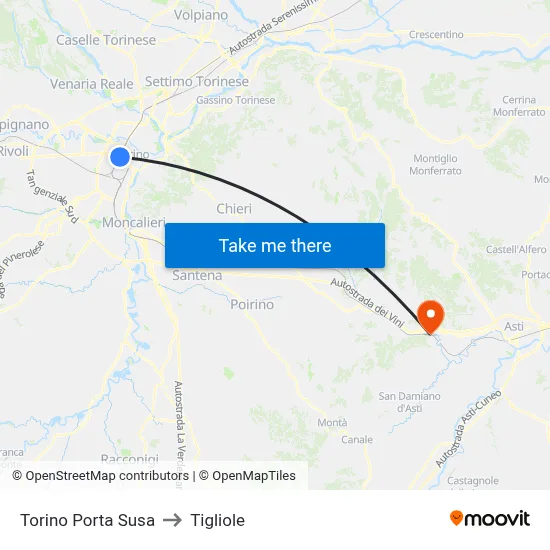 Turin Porta Susa to Tigliole map