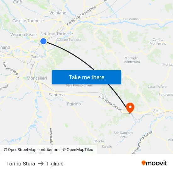 Turin Stura to Tigliole map