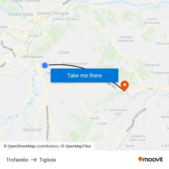 Trofarello to Tigliole map