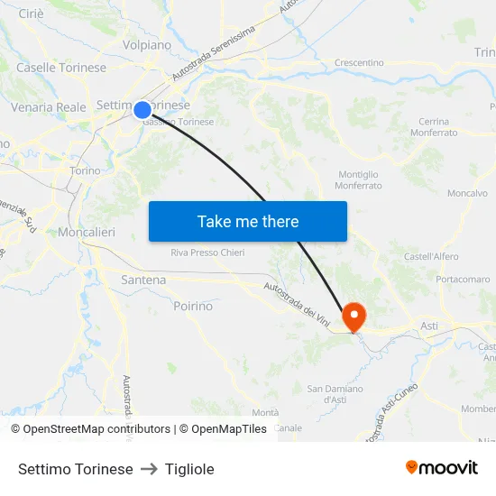 Settimo Torinese to Tigliole map