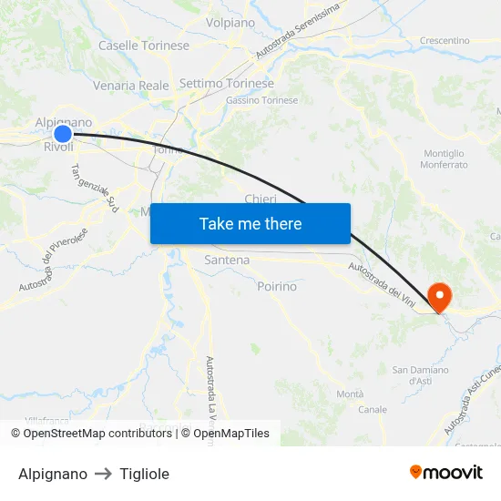 Alpignano to Tigliole map
