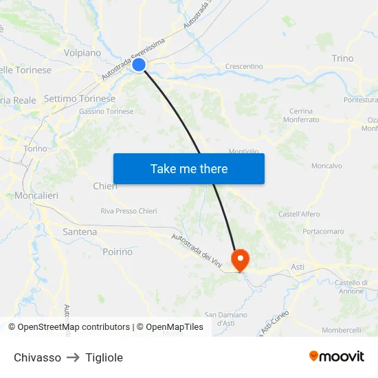 Chivasso to Tigliole map