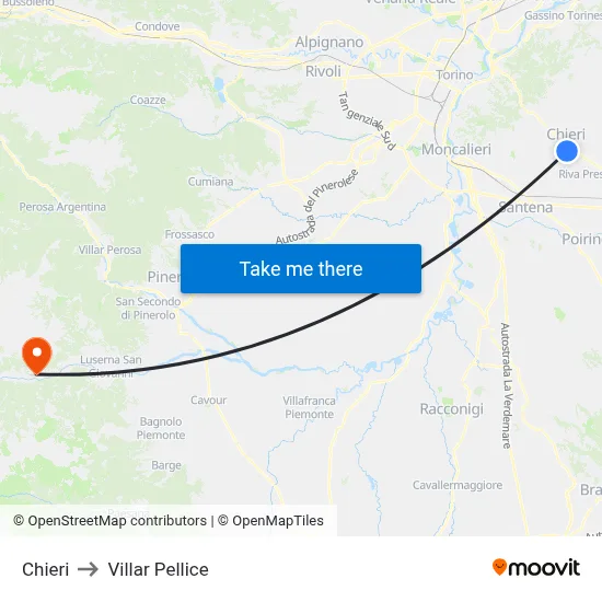 Chieri to Villar Pellice map