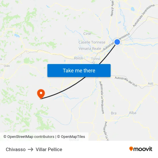 Chivasso to Villar Pellice map