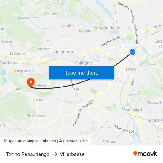 Turin Rebaudengo to Villarbasse map