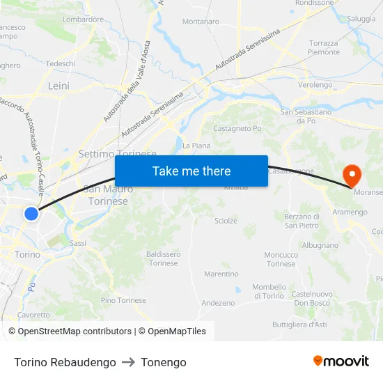 Turin Rebaudengo to Tonengo map