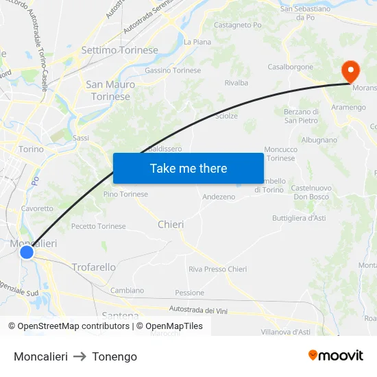 Moncalieri to Tonengo map