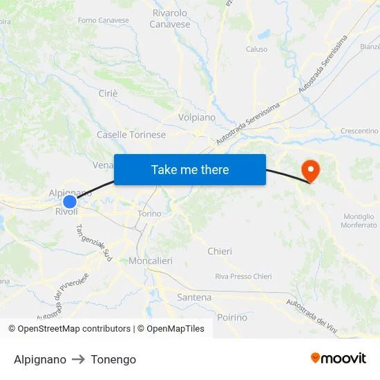 Alpignano to Tonengo map