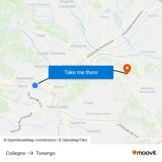 Collegno to Tonengo map