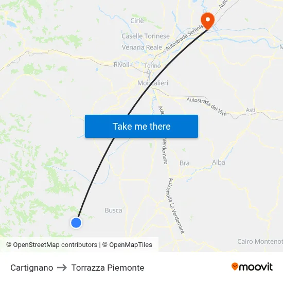 Cartignano to Torrazza Piemonte map