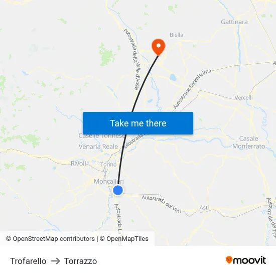 Trofarello to Torrazzo map