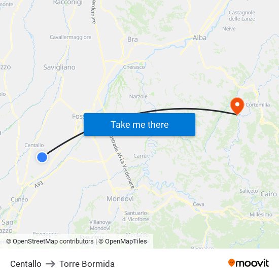 Centallo to Torre Bormida map