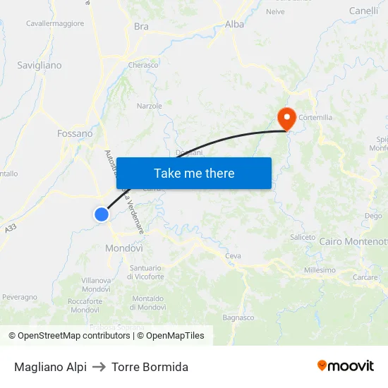 Magliano Alpi to Torre Bormida map