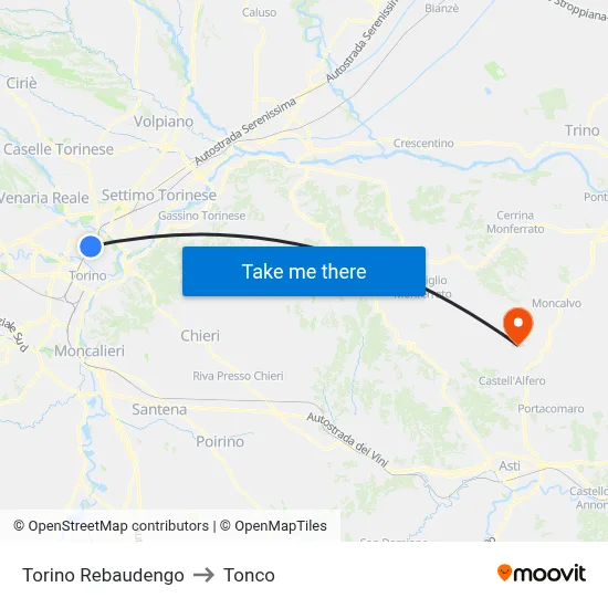 Turin Rebaudengo to Tonco map