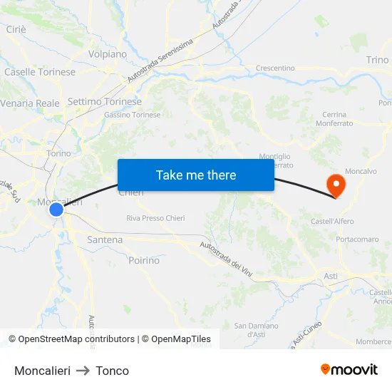 Moncalieri to Tonco map