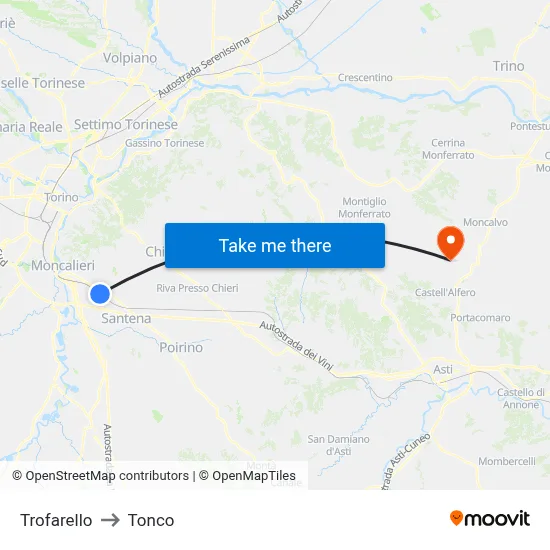 Trofarello to Tonco map