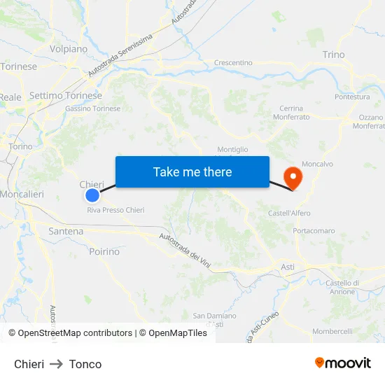 Chieri to Tonco map