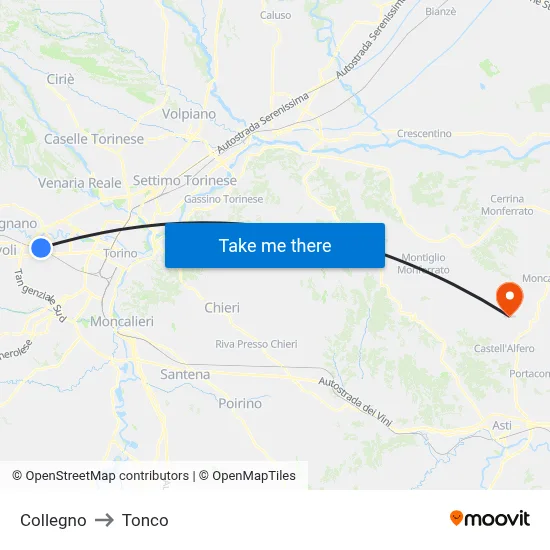Collegno to Tonco map